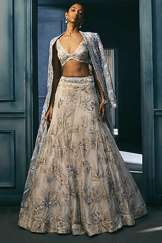 Ice Blue Crepe Crystal Embroidered Jacket Lehenga Set by Ritika Mirchandani
