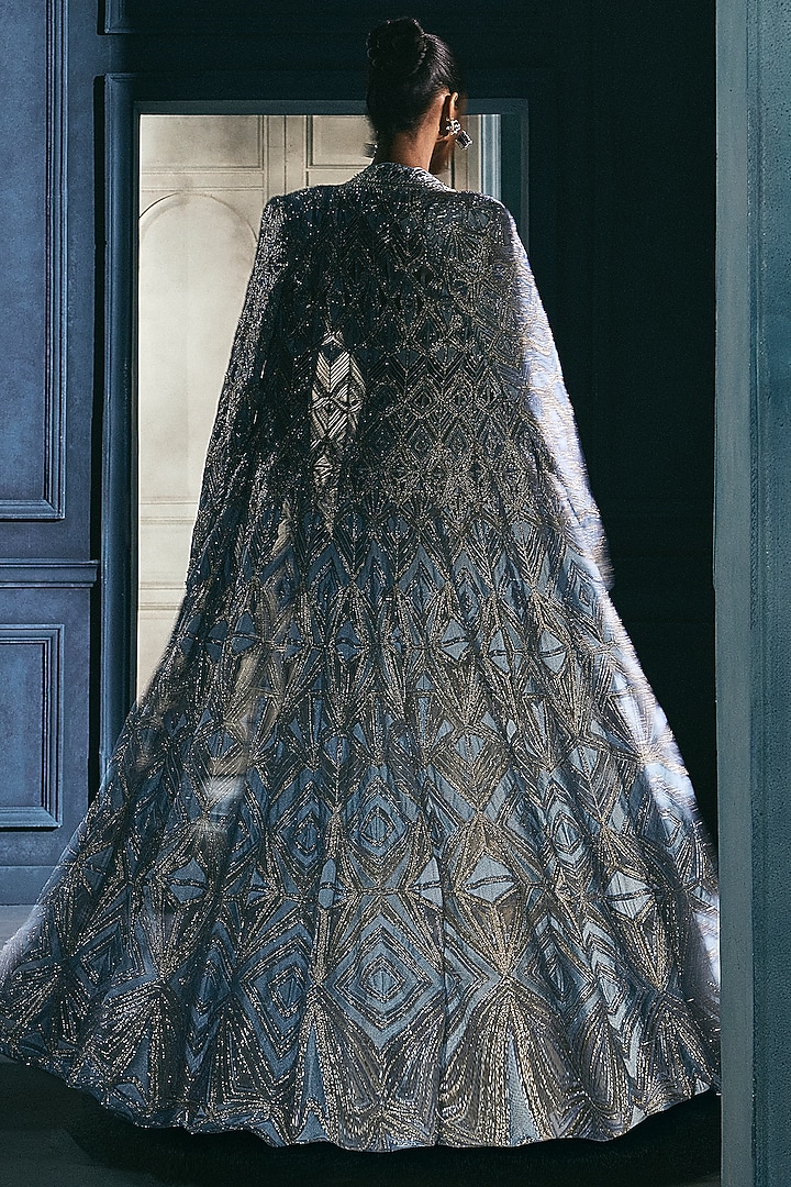 Ice Blue Crepe Crystal Embroidered Jacket Bridal Lehenga Set by Ritika Mirchandani at Pernia's Pop Up Shop
