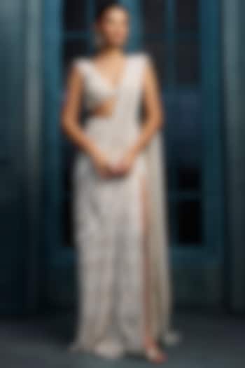 Ivory Crepe Crystal Embroidered Bridal Lehenga Saree Set by Ritika Mirchandani at Pernia's Pop Up Shop