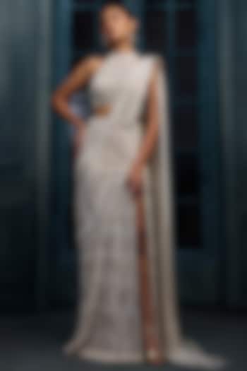 Ivory Crepe Crystal Embroidered Bridal Lehenga Saree Set by Ritika Mirchandani at Pernia's Pop Up Shop