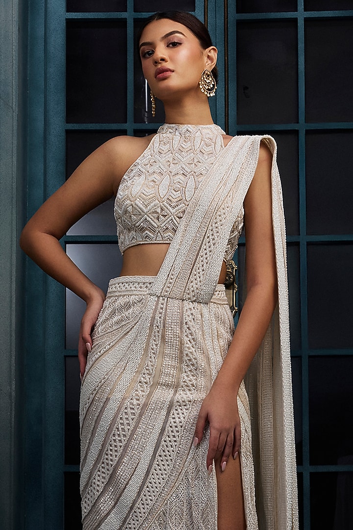Ivory Crepe Crystal Embroidered Bridal Lehenga Saree Set by Ritika Mirchandani at Pernia's Pop Up Shop