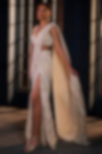 Ivory Crepe Crystal Embroidered Bridal Lehenga Saree Set by Ritika Mirchandani at Pernia's Pop Up Shop