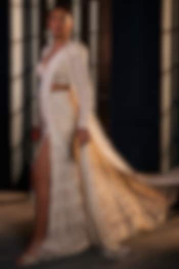 Ivory Crepe Crystal Embroidered Bridal Lehenga Saree Set by Ritika Mirchandani at Pernia's Pop Up Shop