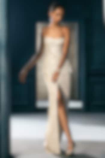 Ivory Crepe Crystal Embroidered Slit Skirt Set by Ritika Mirchandani at Pernia's Pop Up Shop