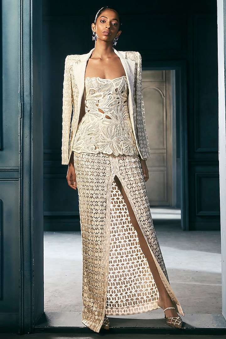 Ivory Crepe Crystal Embroidered Slit Skirt Set by Ritika Mirchandani at Pernia's Pop Up Shop