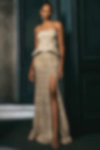 Ivory & Gold Crepe Crystal Embroidered Slit Skirt Set by Ritika Mirchandani at Pernia's Pop Up Shop