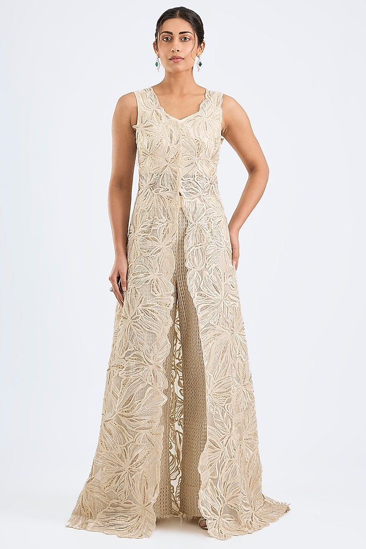 Ivory Crepe & Double Georgette Crystal Embroidered Jacket Set by Ritika Mirchandani at Pernia's Pop Up Shop