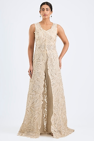 Ivory Crepe & Double Georgette Crystal Embroidered Jacket Set by Ritika Mirchandani