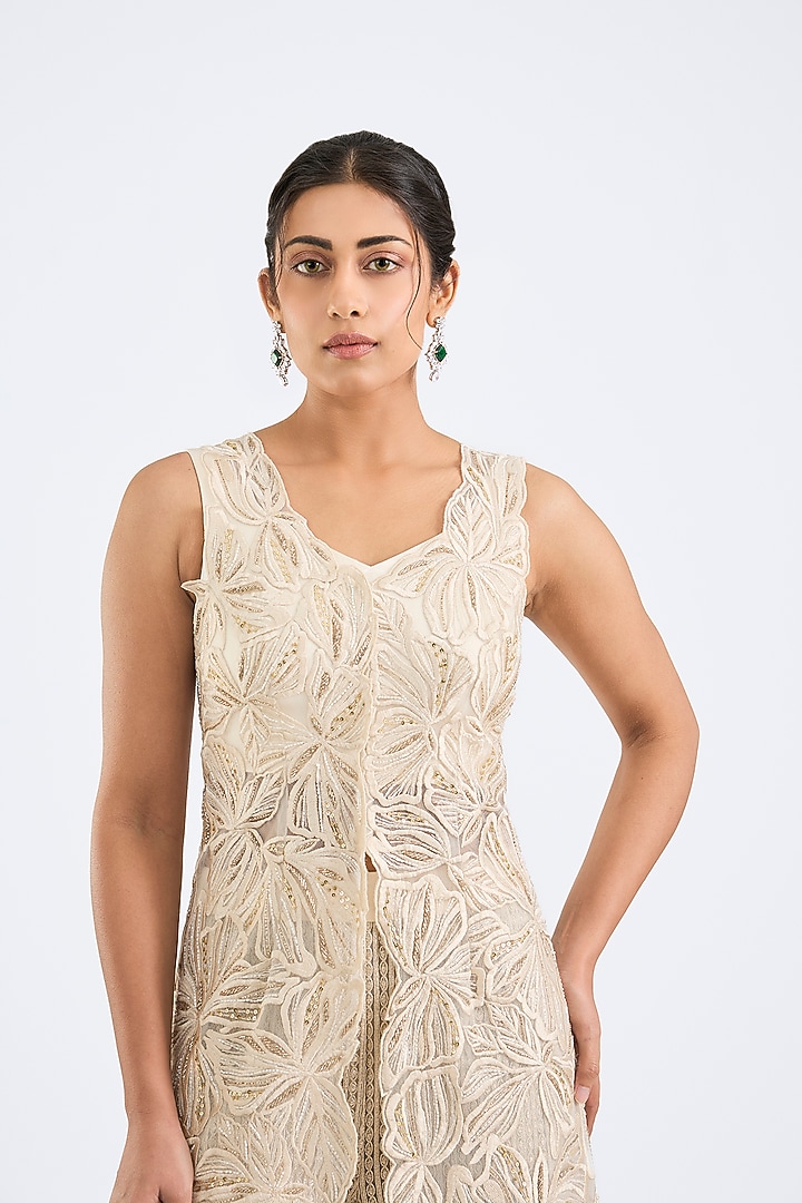 Ivory Crepe & Double Georgette Crystal Embroidered Jacket Set by Ritika Mirchandani at Pernia's Pop Up Shop