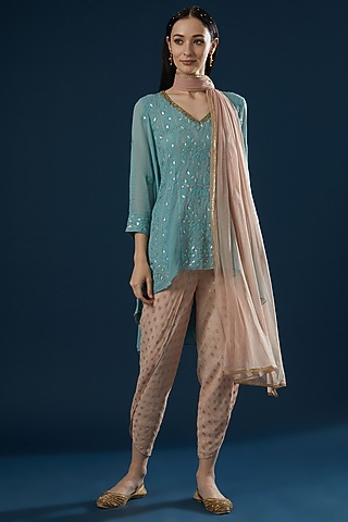 Teal Blue Embroidered Kurta Set by Ritu Pande