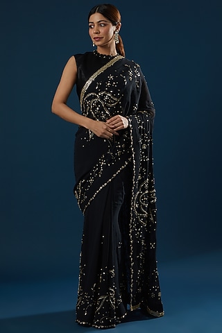 Jet Black Embroidered Saree Set by Ritu Pande