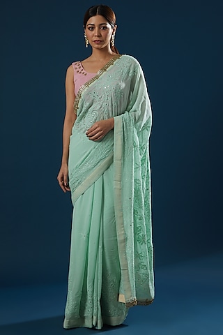 Light Mint Green Embroidered Saree Set by Ritu Pande