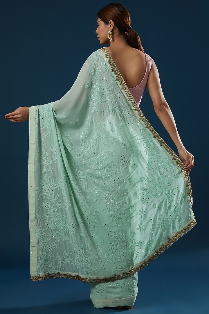 Light Mint Green Embroidered Party Wear Saree Set by Ritu Pande at Pernia's Pop Up Shop