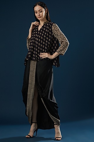 Black Printed Dhoti Pant Set by Ritu Pande