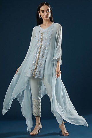 Powder Blue Embroidered Cape Set by Ritu Pande