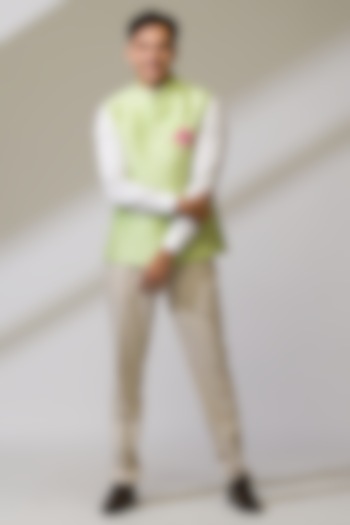 Green Raw Silk & Silk Hand Embroidered Bundi Jacket by Ritika Patel at Pernia's Pop Up Shop