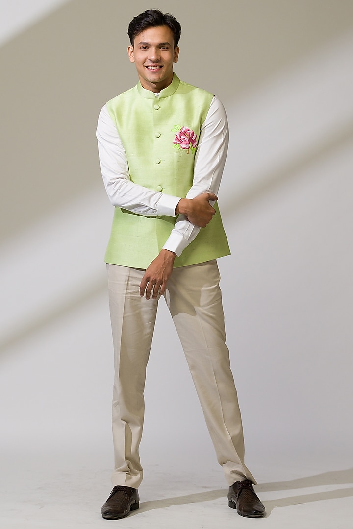 Green Raw Silk & Silk Hand Embroidered Bundi Jacket by Ritika Patel at Pernia's Pop Up Shop