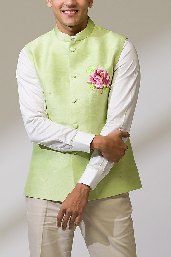 Green Raw Silk & Silk Hand Embroidered Bundi Jacket by Ritika Patel at Pernia's Pop Up Shop