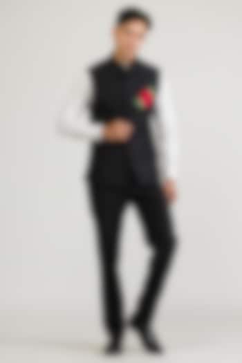 Black Raw Silk & Silk Hand Embroidered Bundi Jacket by Ritika Patel at Pernia's Pop Up Shop