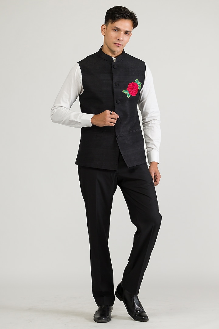 Black Raw Silk & Silk Hand Embroidered Bundi Jacket by Ritika Patel at Pernia's Pop Up Shop
