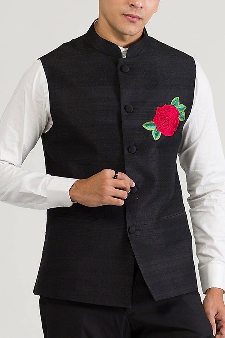 Black Raw Silk & Silk Hand Embroidered Bundi Jacket by Ritika Patel at Pernia's Pop Up Shop