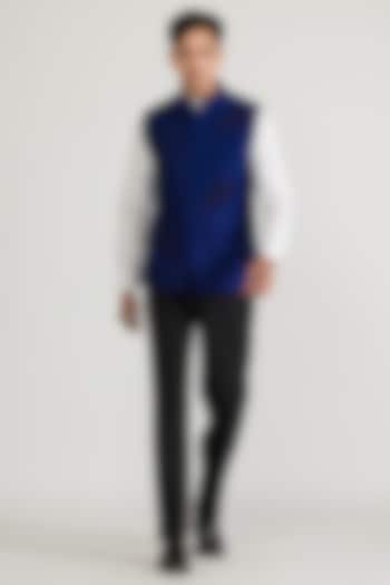 Navy Blue Raw Silk & Silk Hand Embroidered Bundi Jacket by Ritika Patel at Pernia's Pop Up Shop