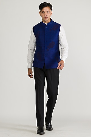 Navy Blue Raw Silk & Silk Hand Embroidered Bundi Jacket by Ritika Patel