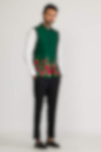 Emerald Green Raw Silk & Silk Hand Embroidered Bundi Jacket by Ritika Patel at Pernia's Pop Up Shop