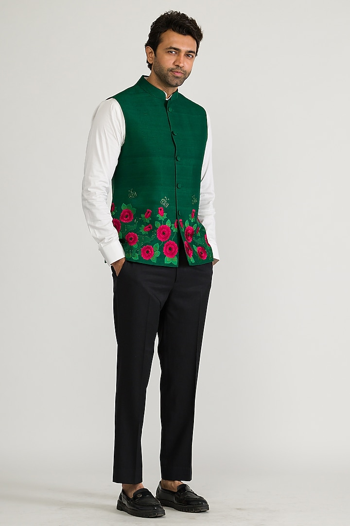 Emerald Green Raw Silk & Silk Hand Embroidered Bundi Jacket by Ritika Patel at Pernia's Pop Up Shop