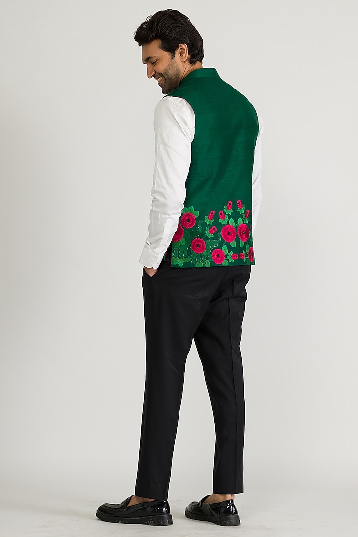 Emerald Green Raw Silk & Silk Hand Embroidered Bundi Jacket by Ritika Patel at Pernia's Pop Up Shop