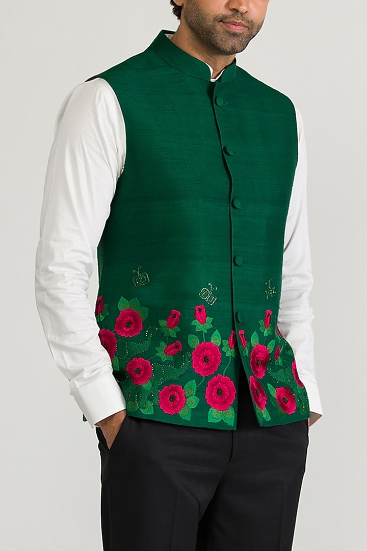 Emerald Green Raw Silk & Silk Hand Embroidered Bundi Jacket by Ritika Patel at Pernia's Pop Up Shop