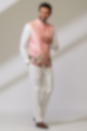 Pink Raw Silk & Silk Hand Embroidered Bundi Jacket by Ritika Patel at Pernia's Pop Up Shop