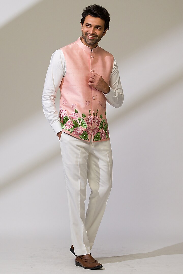 Pink Raw Silk & Silk Hand Embroidered Bundi Jacket by Ritika Patel at Pernia's Pop Up Shop