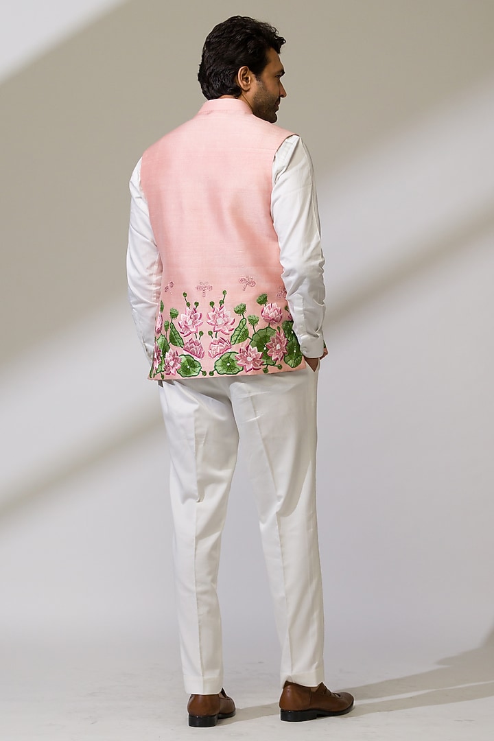 Pink Raw Silk & Silk Hand Embroidered Bundi Jacket by Ritika Patel at Pernia's Pop Up Shop