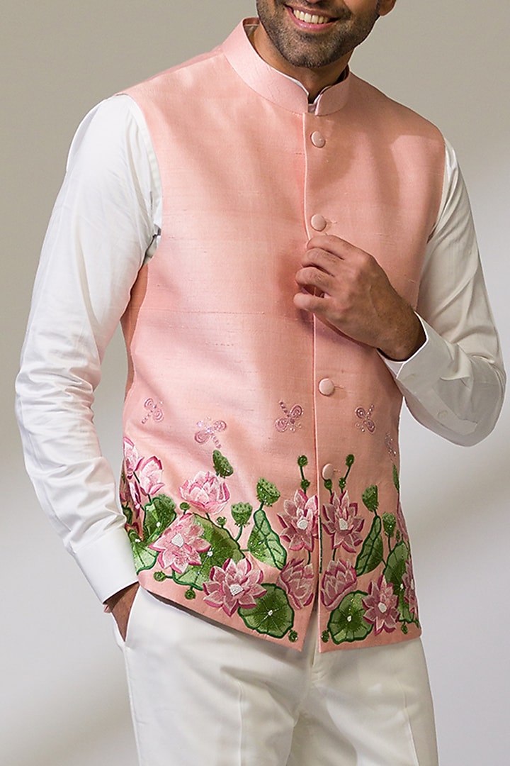 Pink Raw Silk & Silk Hand Embroidered Bundi Jacket by Ritika Patel at Pernia's Pop Up Shop