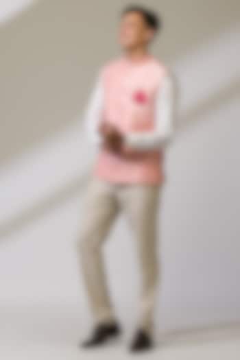 Pink Raw Silk & Silk Hand Embroidered Bundi Jacket by Ritika Patel at Pernia's Pop Up Shop