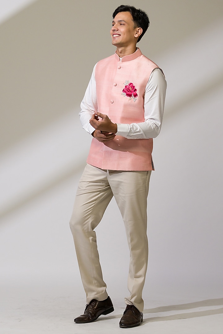 Pink Raw Silk & Silk Hand Embroidered Bundi Jacket by Ritika Patel at Pernia's Pop Up Shop