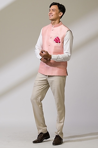 Pink Raw Silk & Silk Hand Embroidered Bundi Jacket by Ritika Patel