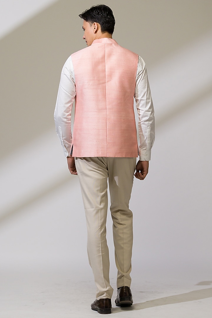 Pink Raw Silk & Silk Hand Embroidered Bundi Jacket by Ritika Patel at Pernia's Pop Up Shop
