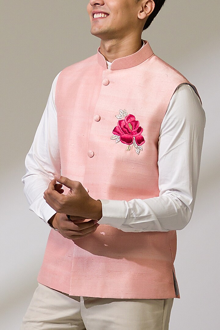 Pink Raw Silk & Silk Hand Embroidered Bundi Jacket by Ritika Patel at Pernia's Pop Up Shop