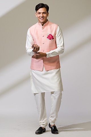 Pink Raw Silk & Silk Hand Embroidered Bundi Jacket Set by Ritika Patel