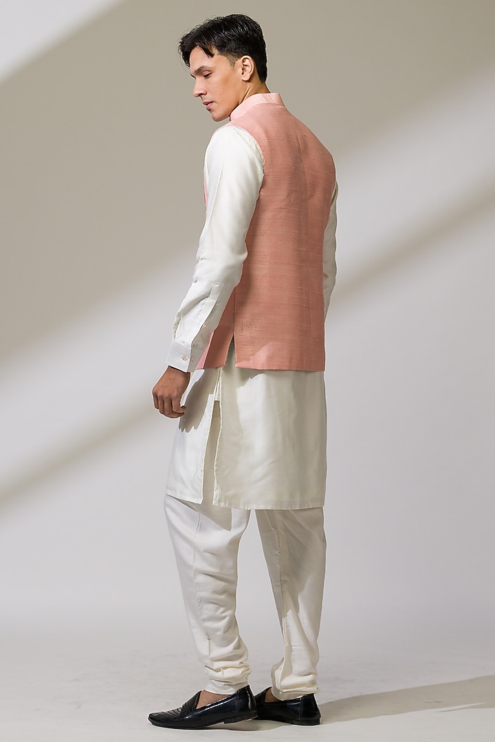 Pink Raw Silk & Silk Hand Embroidered Bundi Jacket Set by Ritika Patel at Pernia's Pop Up Shop