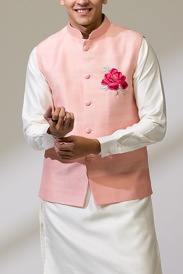 Pink Raw Silk & Silk Hand Embroidered Bundi Jacket Set by Ritika Patel at Pernia's Pop Up Shop