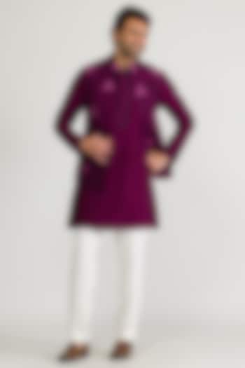 Purple Raw Silk & Silk Hand Embroidered Bundi Jacket Set by Ritika Patel at Pernia's Pop Up Shop