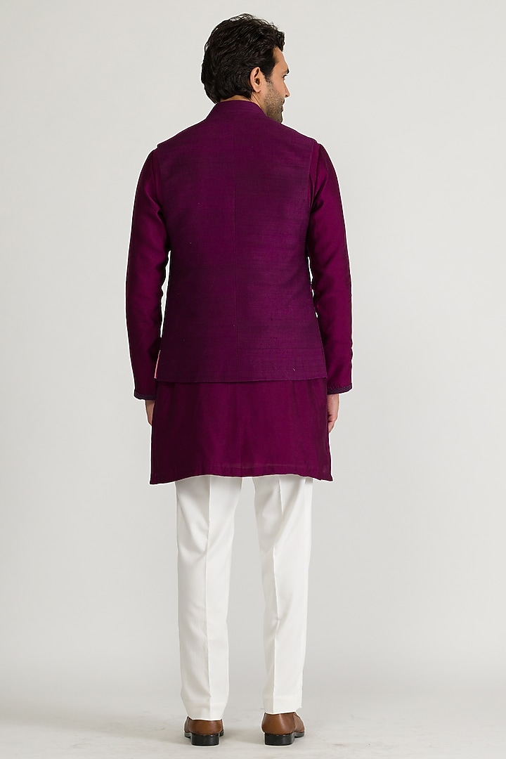 Purple Raw Silk & Silk Hand Embroidered Bundi Jacket Set by Ritika Patel at Pernia's Pop Up Shop