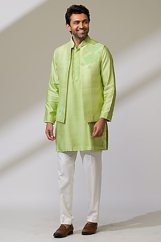 Green Raw Silk & Silk Hand Embroidered Bundi Jacket Set by Ritika Patel
