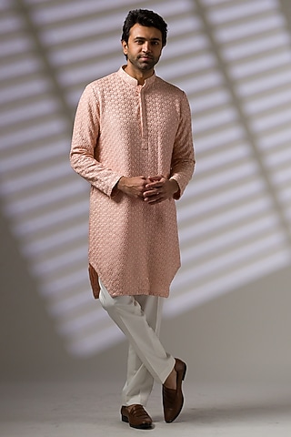Pink Silk Embroidered Kurta Set by Ritika Patel
