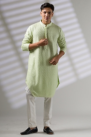 Green Silk Embroidered Kurta Set by Ritika Patel