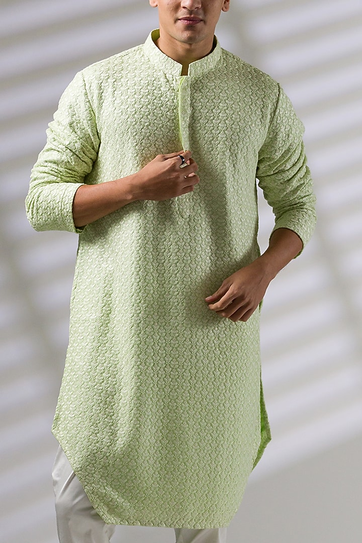 Green Silk Embroidered Kurta Set by Ritika Patel at Pernia's Pop Up Shop