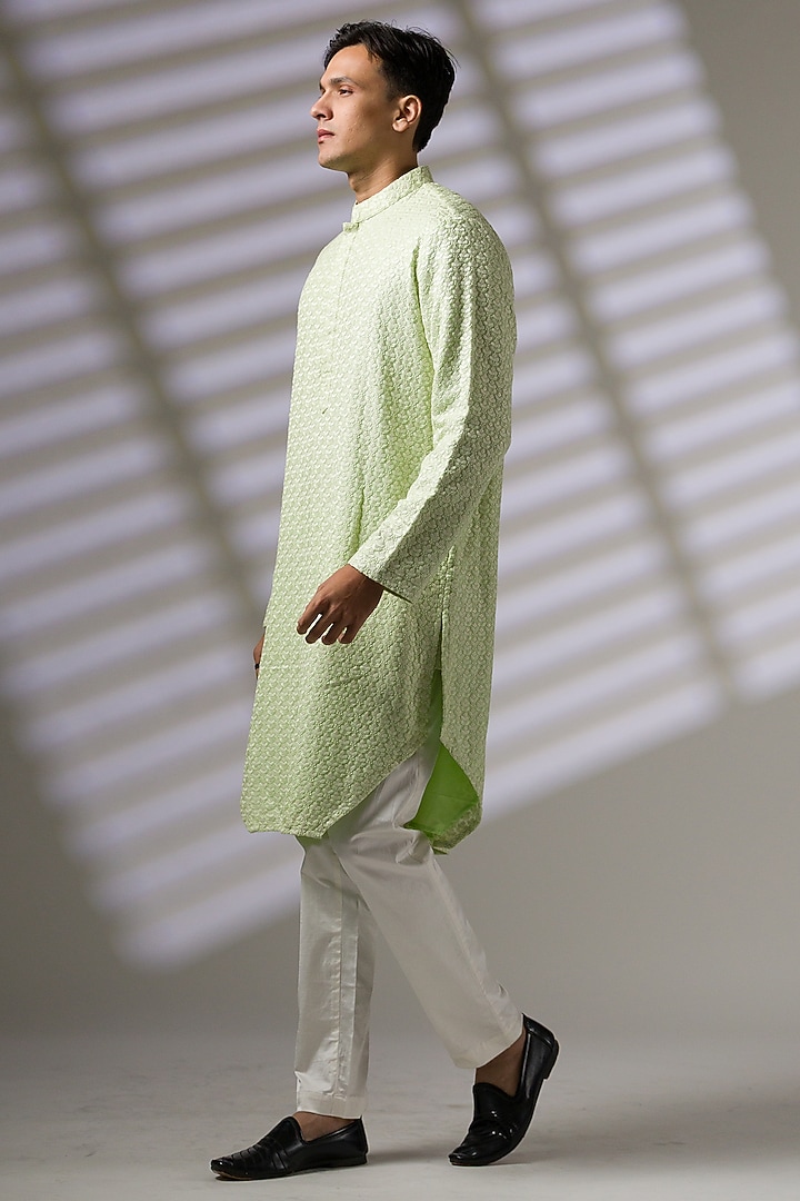 Green Silk Embroidered Kurta Set by Ritika Patel at Pernia's Pop Up Shop